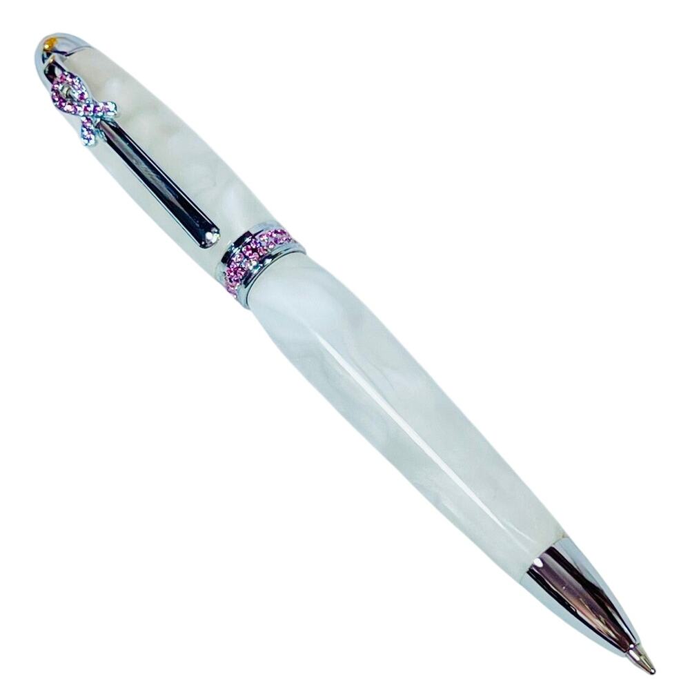 Breast Cancer Awareness Pen Twist Style White Acrylic Silver Pink Crystals New